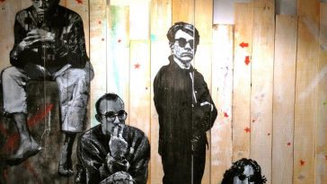 Jef Aerosol - Basquiat Warhol Haring Lennon - Pochoir sur palissade 230x245 cm - Prix 8000€ - Galerie XinArt