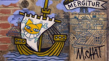 Mr Chat - Fluctuat Nec Mergitur - 100 x 80 cm - 2018 Acrylique et encre sur un panneau de béton assemblage de brique support en bois