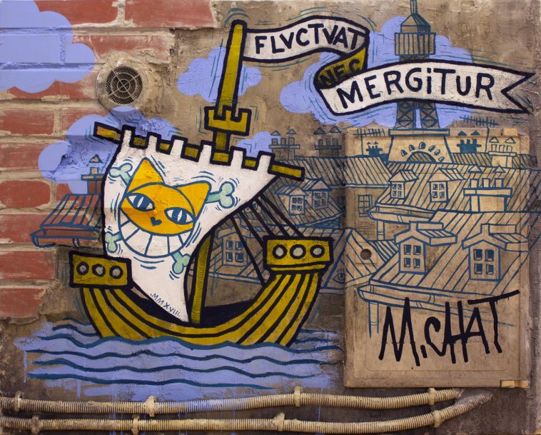 Mr Chat - Fluctuat Nec Mergitur - 100 x 80 cm - 2018 Acrylique et encre sur un panneau de béton assemblage de brique support en bois