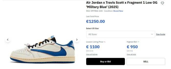 Air Jordan x Travis Scott x Fragment 1 Low OG Military Blue 2025 en vente sur Klekt