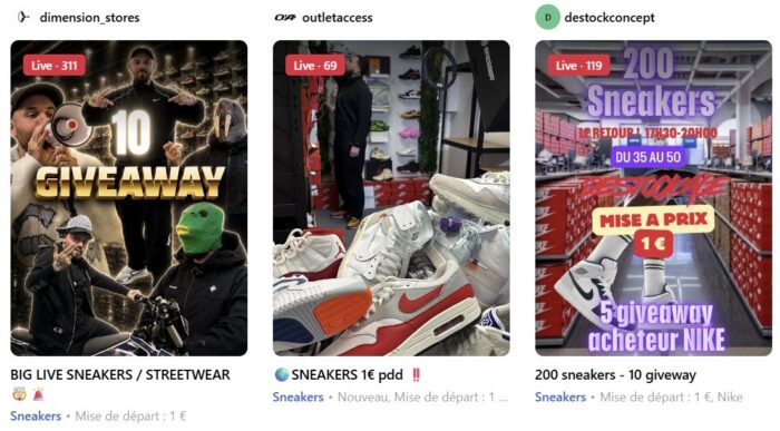 Interface Whatnot montrant trois lives sneakers en cours avec des enchères à 1 euro et des giveaways sur la plateforme de live