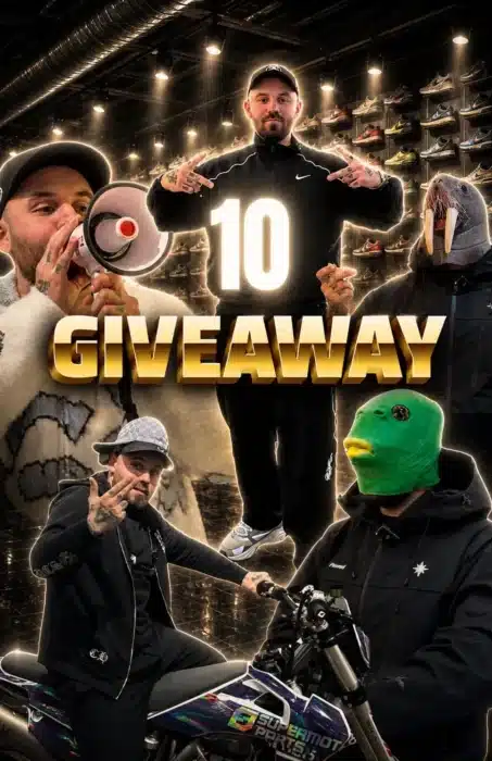 Thumbnail du live Whatnot du vendeur dimension_stores annonçant 10 giveaways dans un espace entièrement tapissé de sneakers