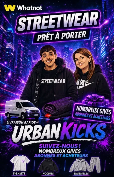 Affiche promotionnelle du vendeur Whatnot Urban Kicks spécialisé en streetwear, proposant t-shirts, hoodies et ensembles avec livraison rapide et nombreux giveaways