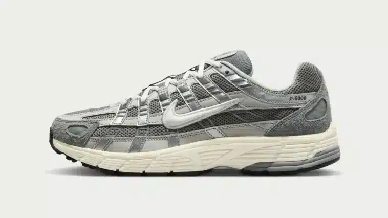 Sneakers Nike P-6000 grises et argentées avec semelle crème, vue de profil