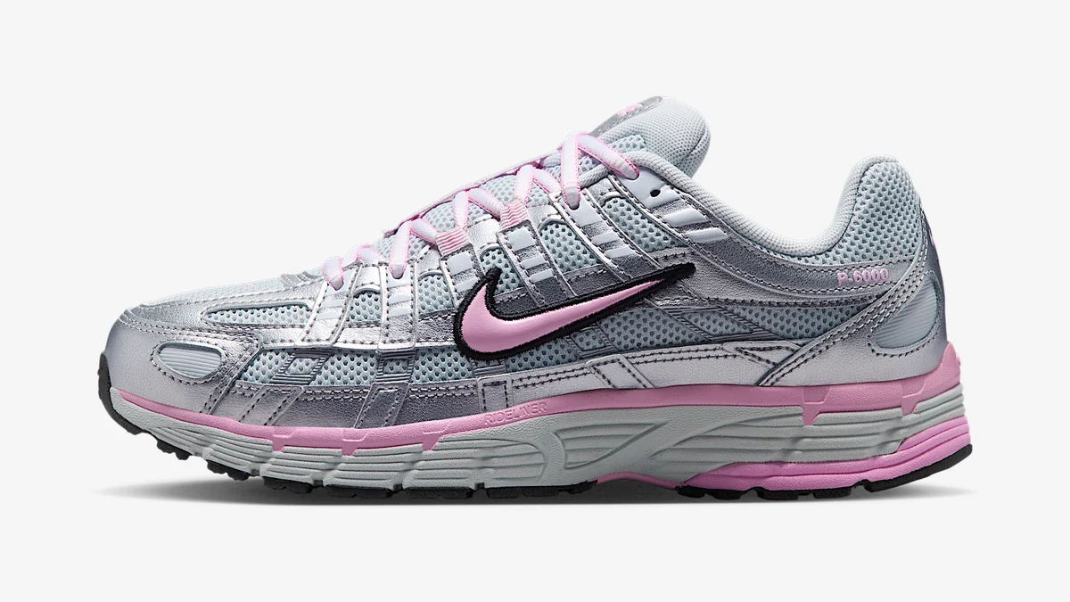 Basket Nike P-6000 femme argentée et rose, vue de profil